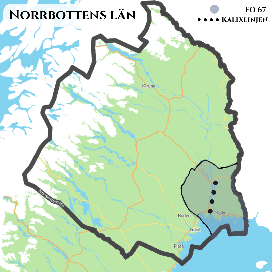 Kartgrafik över Norrbotten, med FO 67 samt Kalixlinjen markerad