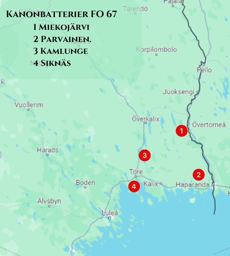 Kartgrafik över var kanonbatterier fanns placerat inom FO 67. Miekojärvi, Parvainen, Kamlunge och Siknäs är utmärkta på kartan.